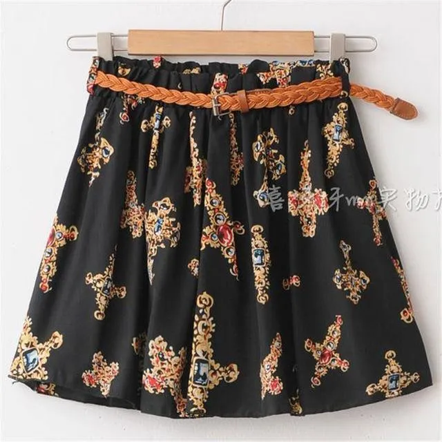 Chiffon Mini Skirts Print A-line Pleated With Lining