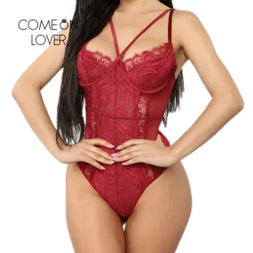 Comeonlover Wire Free Lace Bodysuit Plus Size Women Body Mujer Hollow Transparent Sexy Sleeveless Lingerie  RI80875