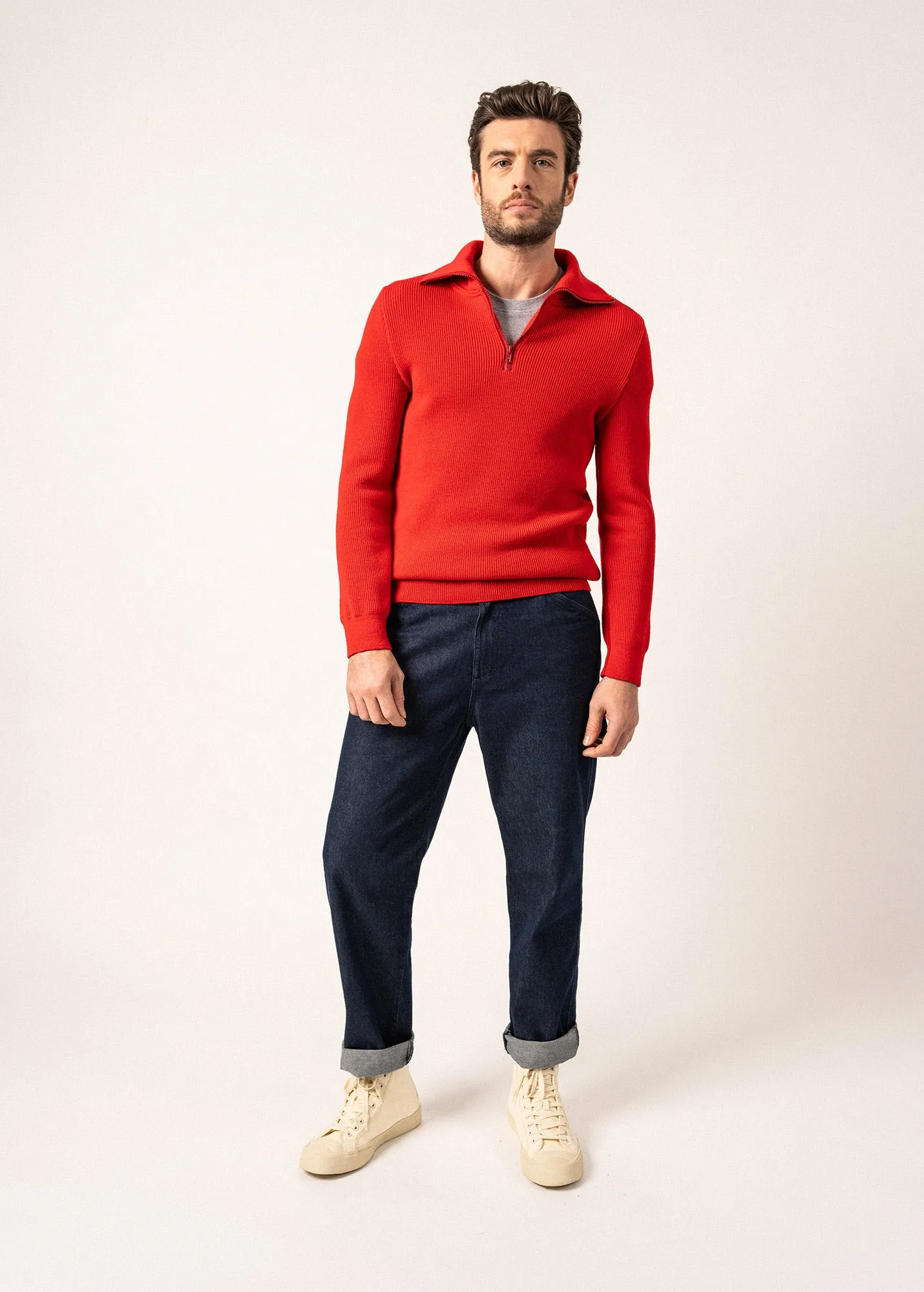 Cotentin trucker-style neck jumper - in pure new wool (ROUGE)