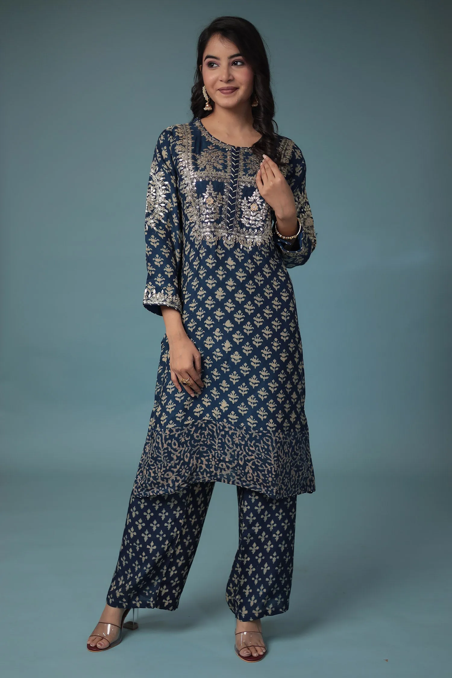 Cotton Silk Dabu Print Suit with Hand Aari work.