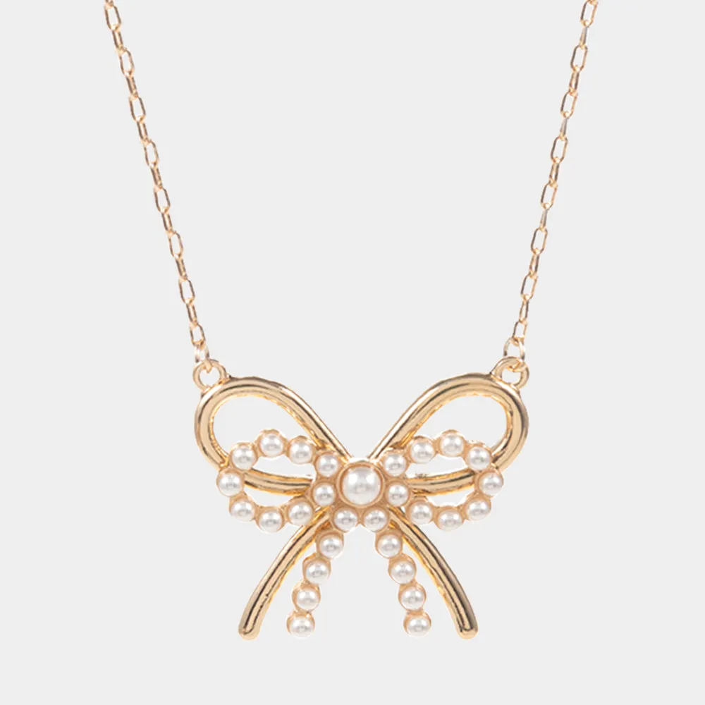 Cream Gold Pearl Metal Bow Pendant Necklace for Women