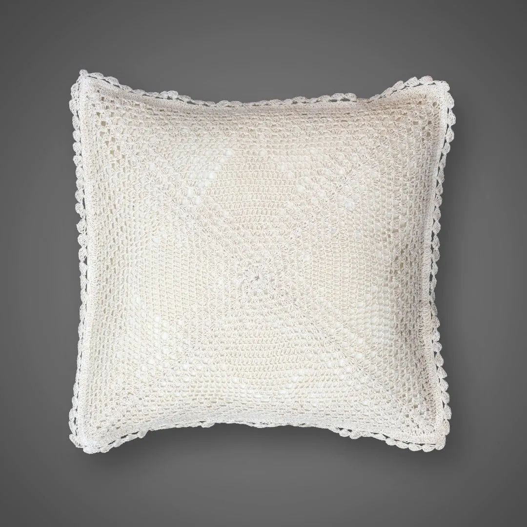 Crochet Cotton Square Cushion Cover With A Geometric Pattern In White | Set Of 1/2/4 | 16" x 16" | Handmade In India