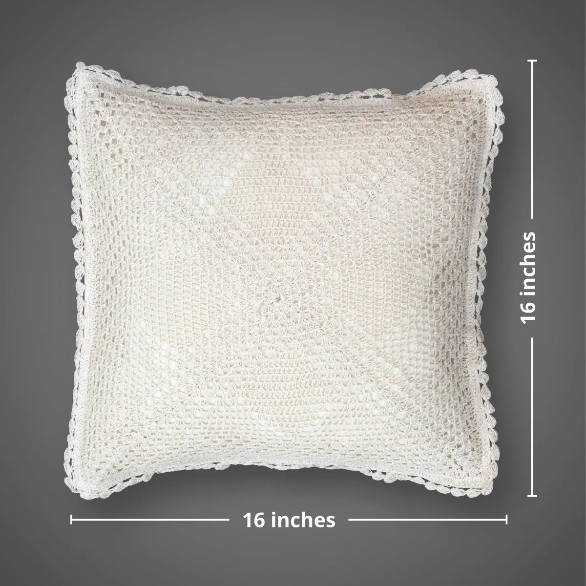 Crochet Cotton Square Cushion Cover With A Geometric Pattern In White | Set Of 1/2/4 | 16" x 16" | Handmade In India