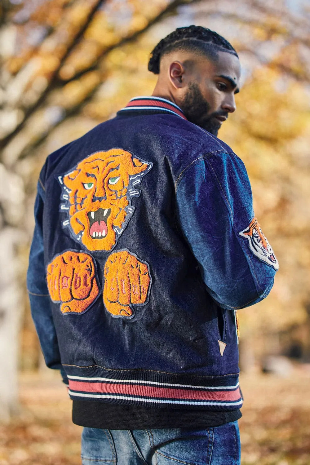 Crouching Tiger Denim Varsity Jacket (Dark Blue)