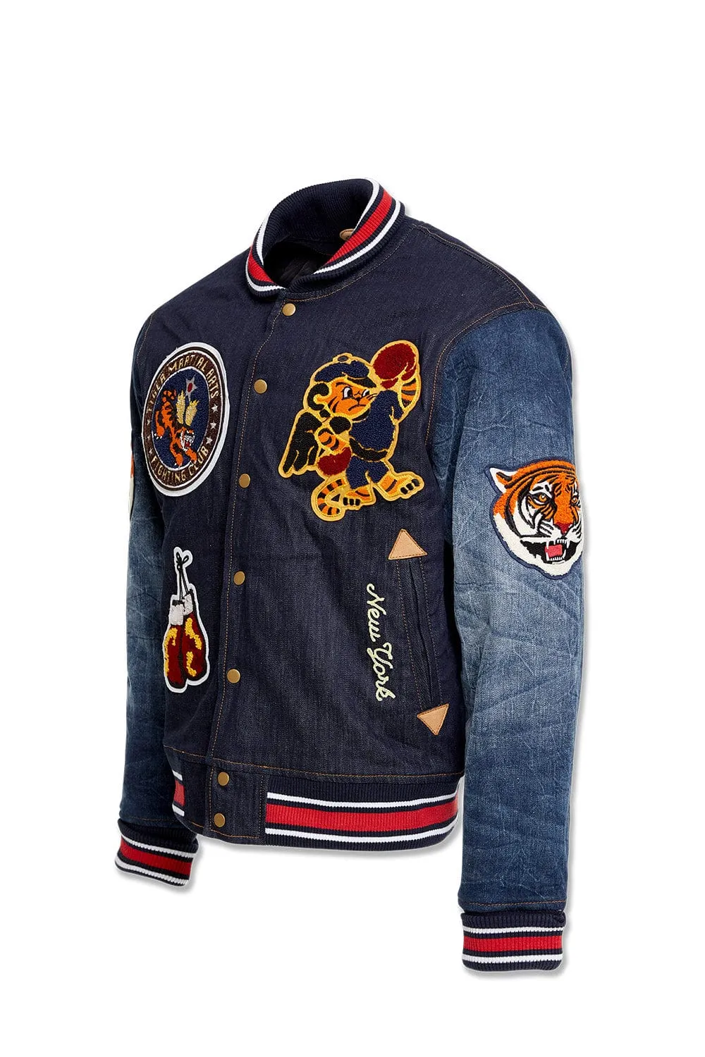 Crouching Tiger Denim Varsity Jacket (Dark Blue)