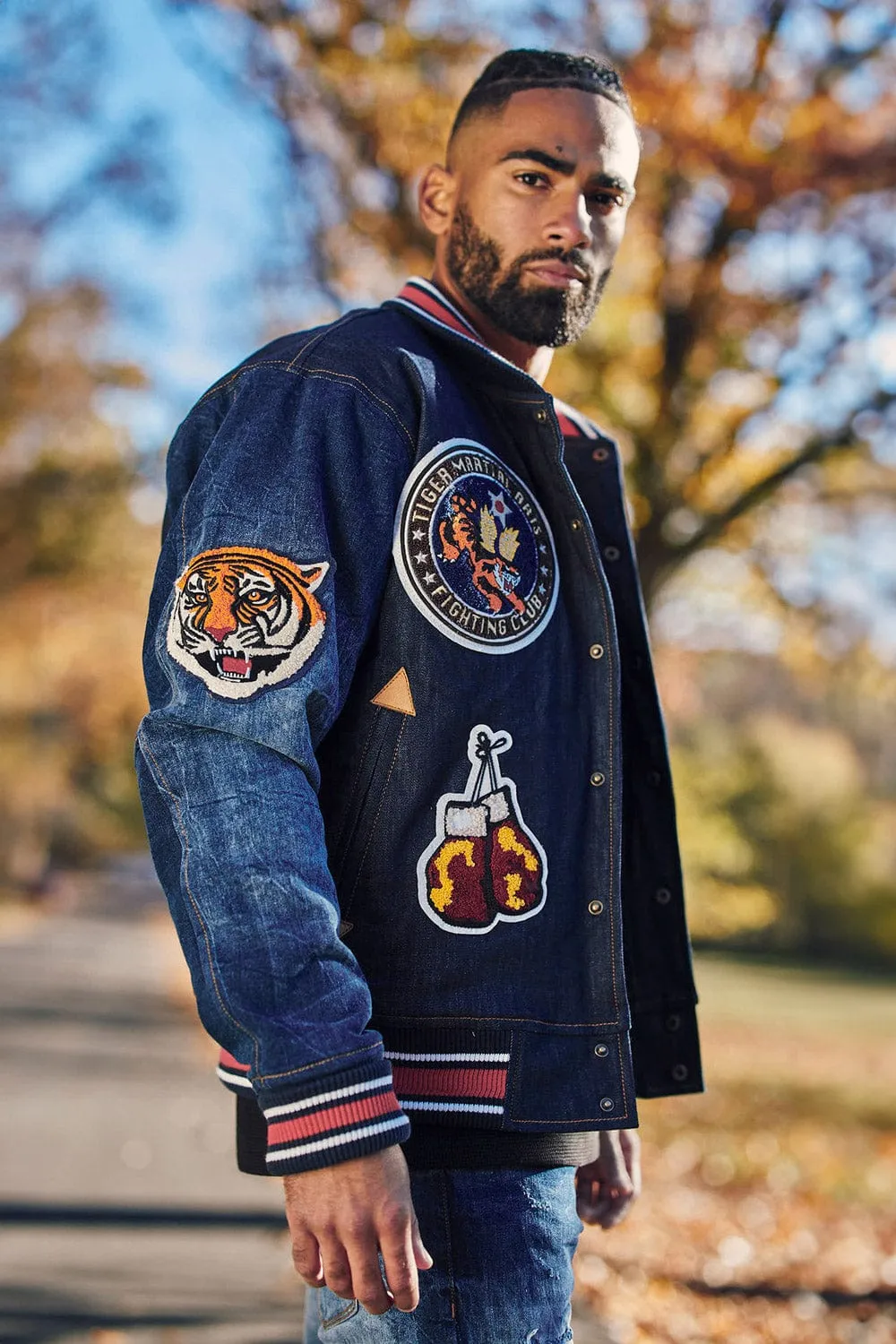 Crouching Tiger Denim Varsity Jacket (Dark Blue)