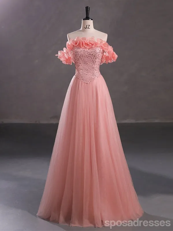 Cute Pink A-line Off Shoulder Cheap Long Prom Dresses Online,12997