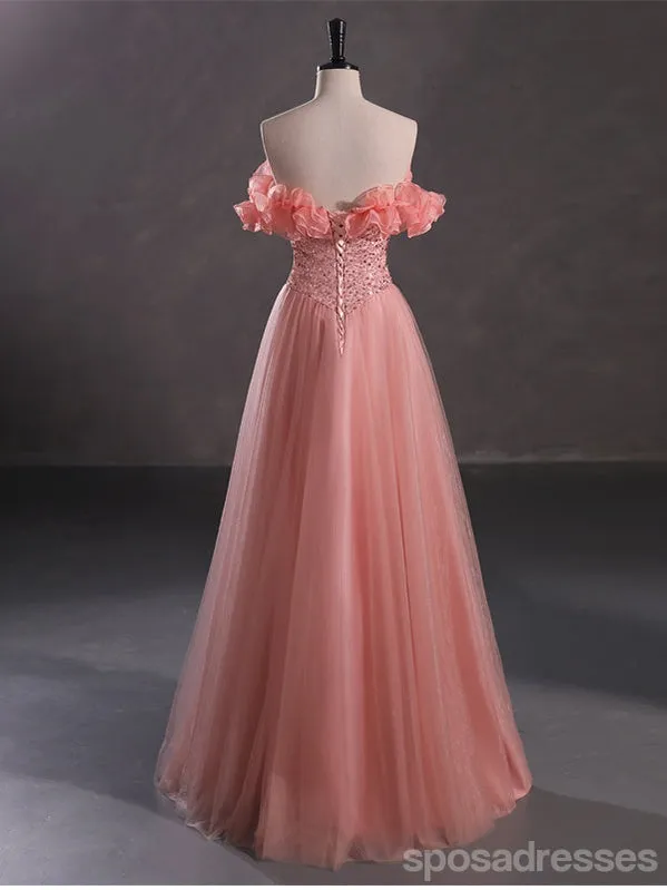 Cute Pink A-line Off Shoulder Cheap Long Prom Dresses Online,12997