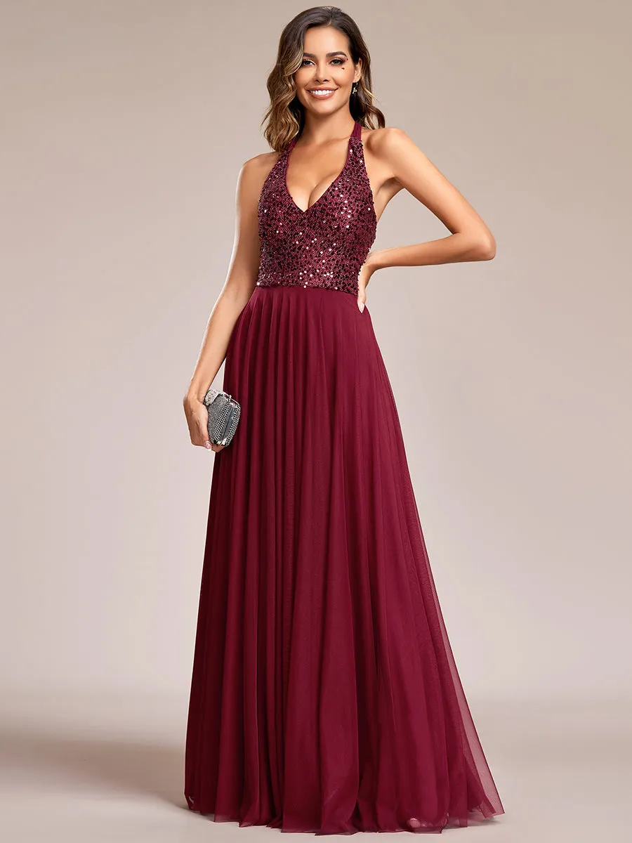 deep v-neck bead mesh sleeveless  Evening Dresses