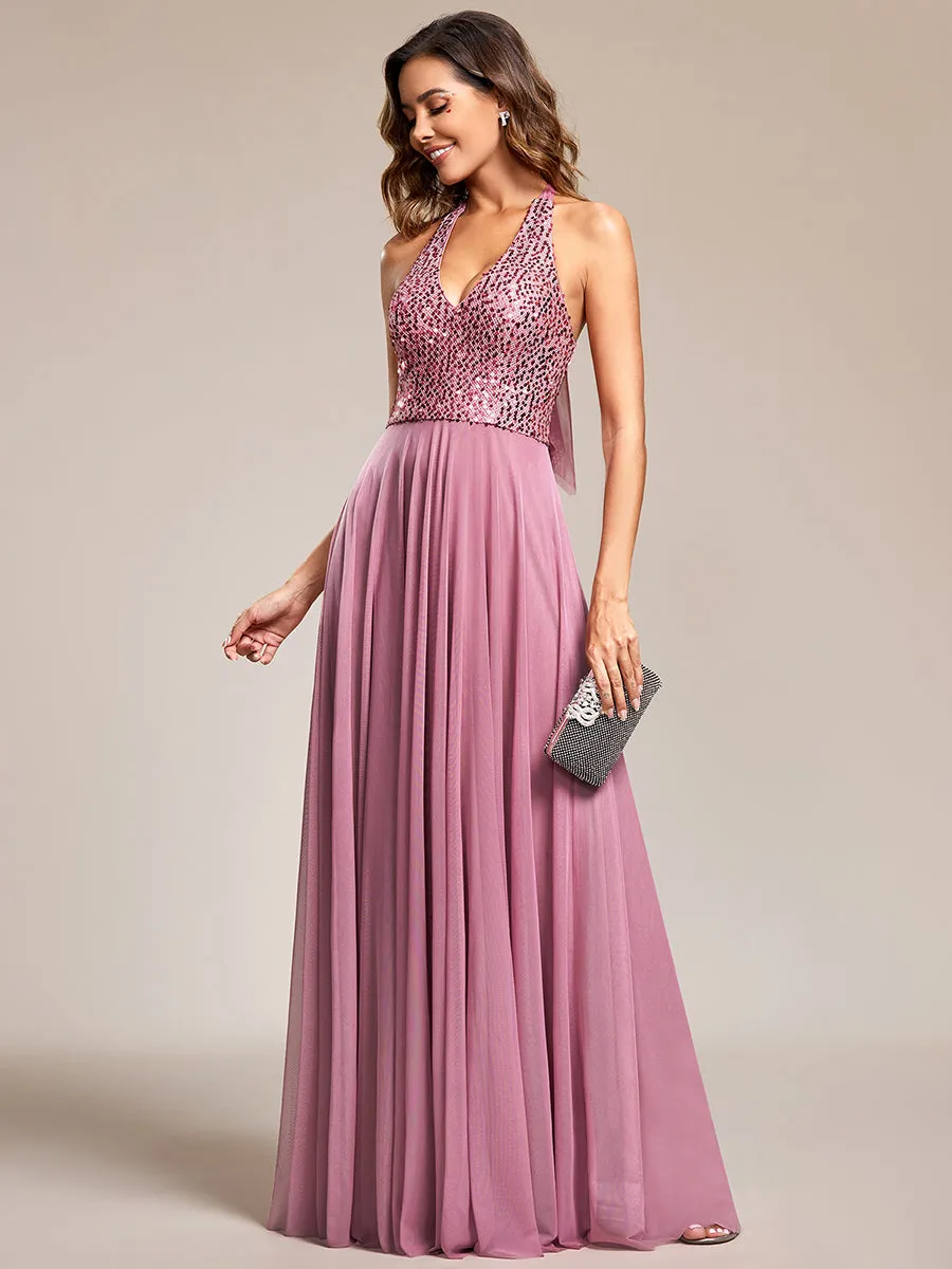 deep v-neck bead mesh sleeveless  Evening Dresses