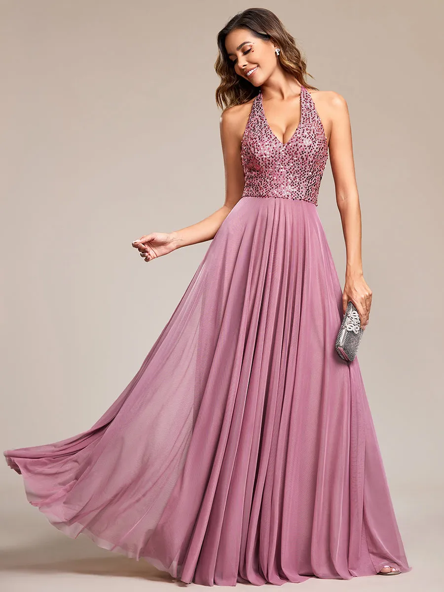 deep v-neck bead mesh sleeveless  Evening Dresses