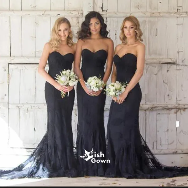 Elegant Black Strapless Sweetheart Mermaid Tulle Lace Long Wedding Bridesmaid Dresses, WGM036