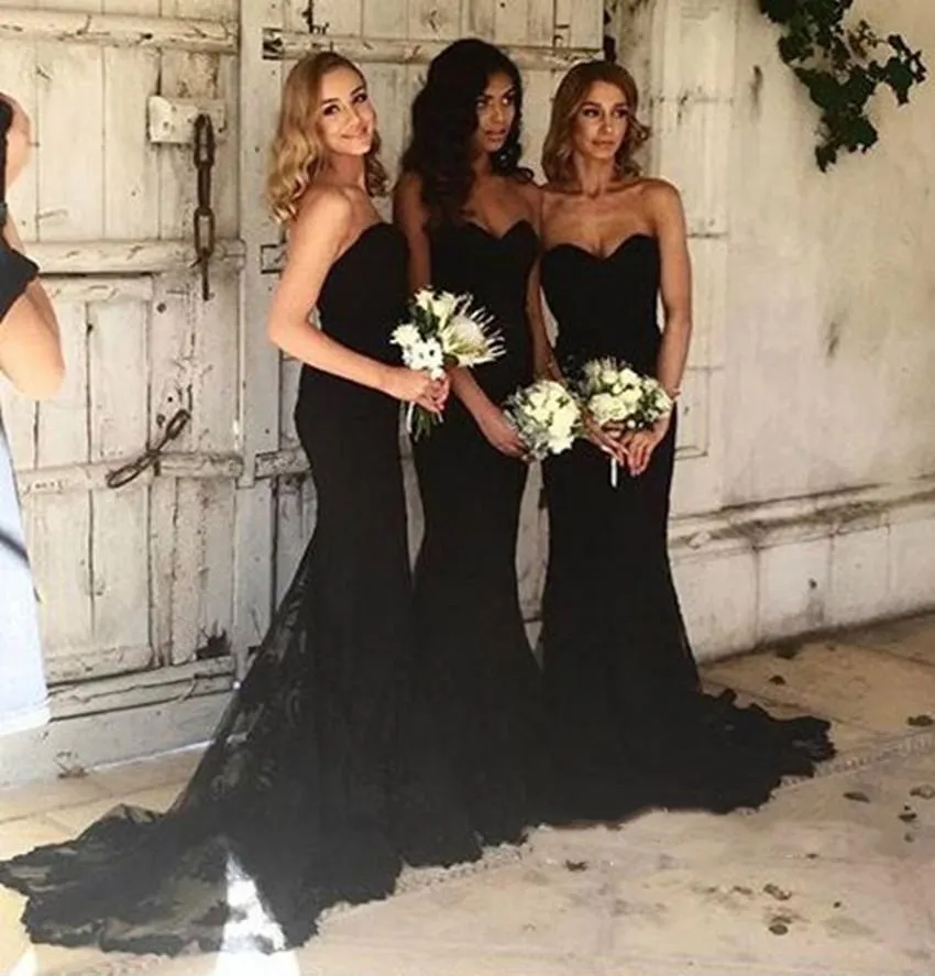 Elegant Black Strapless Sweetheart Mermaid Tulle Lace Long Wedding Bridesmaid Dresses, WGM036