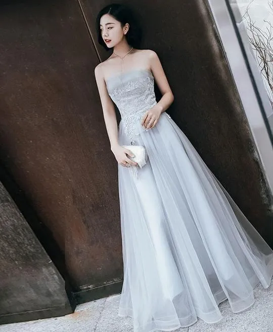 Elegant Gray Blue Strapless Tulle Long Evening Gowns,Prom Dresses,Party Dresses,PDY0346