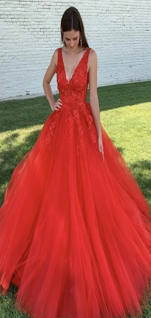 Elegant Red A-Line V Neck Spaghetti Straps Appiliques Lace Formal Prom Dresses,Evening Gowns,WGP318