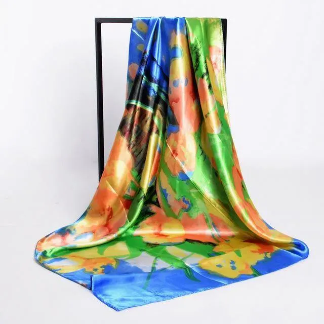 Elegent Women Large Square Silk Scarf Printed,90*90cm Fashion Spring And Autumn Grey And Purple Polyester Silk Scarf Shawl