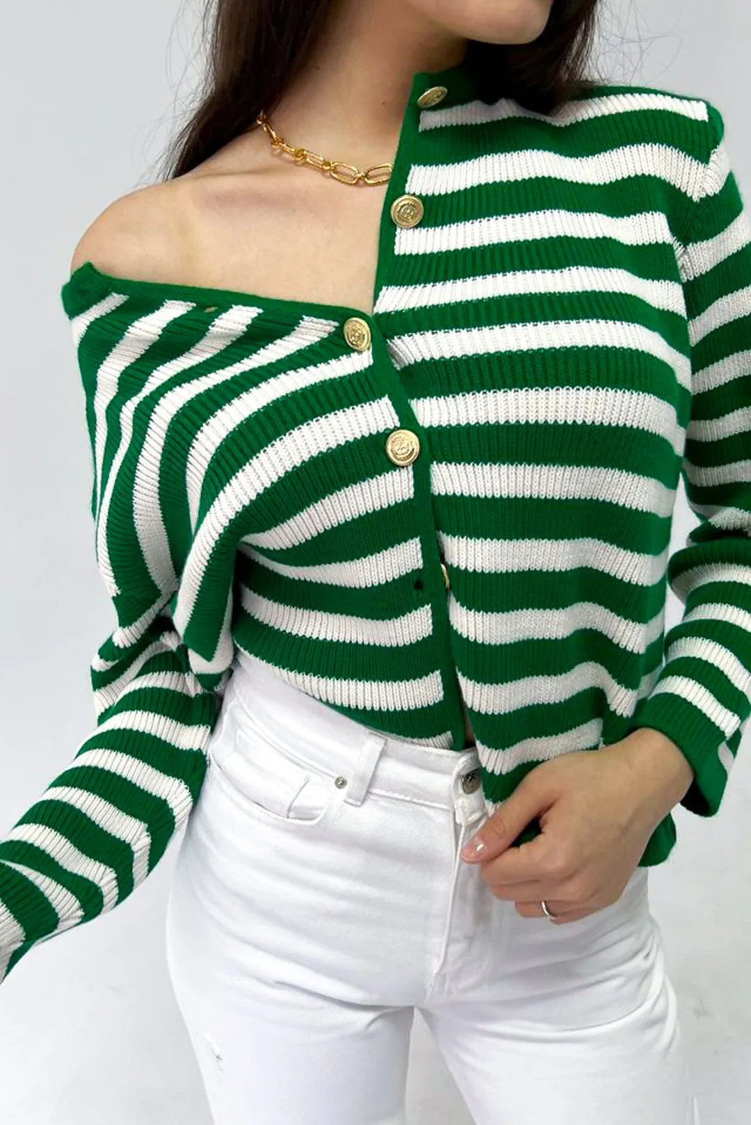 Female Striped Bike Collar Homeland Gold Button Detailed Knitwear Cardigan