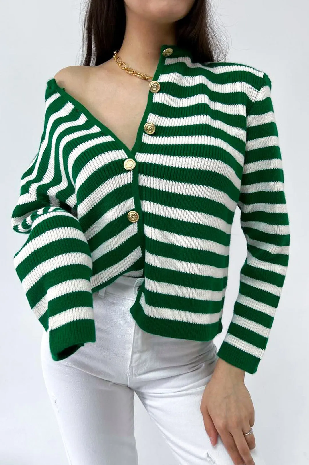 Female Striped Bike Collar Homeland Gold Button Detailed Knitwear Cardigan