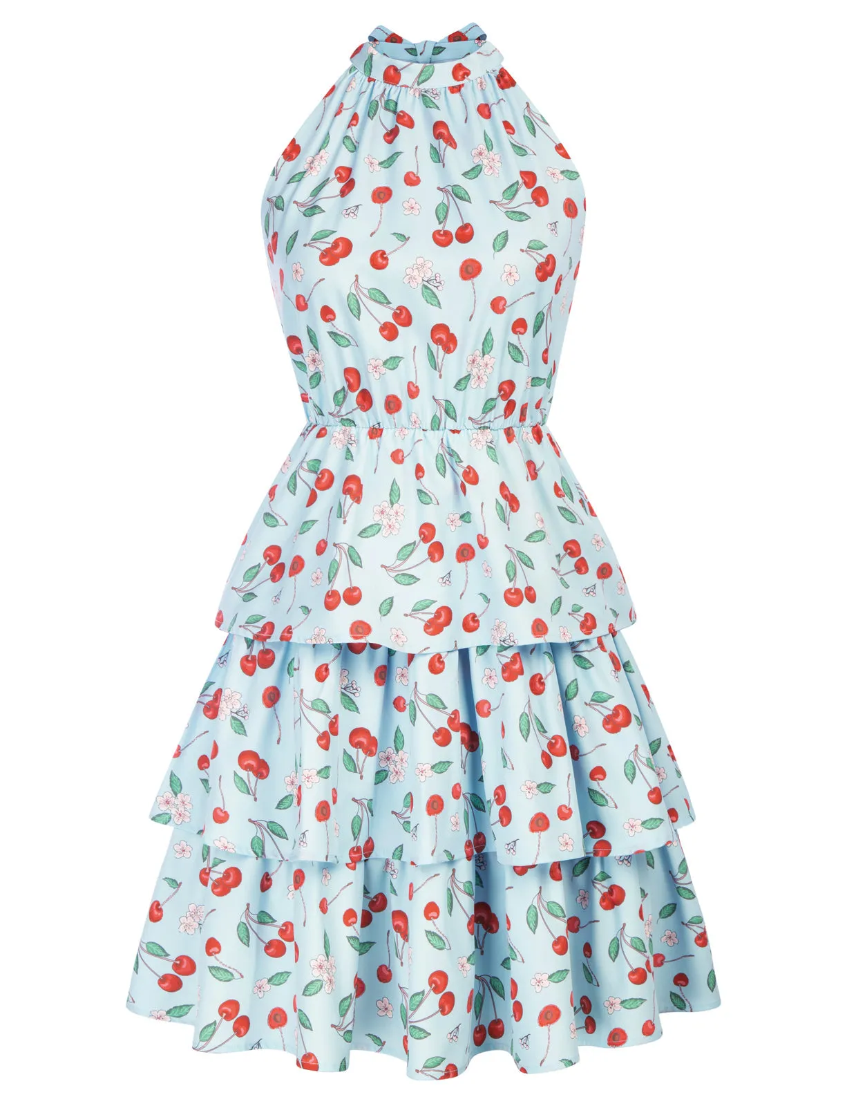 Floral Printed Elastic Waist Cake Dress Sleeveless Halterneck 3-Layer A-Line Dress