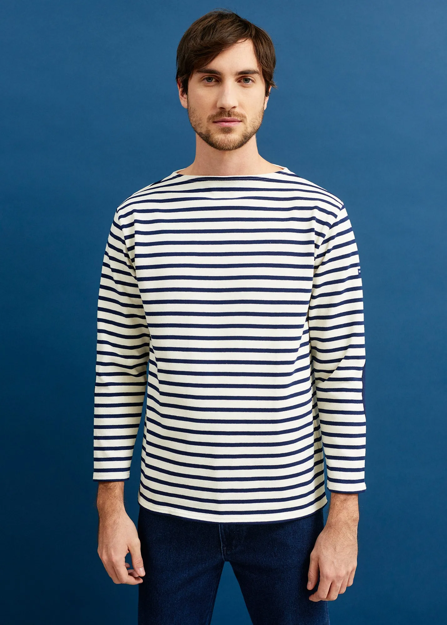 Guildo boat neck striped sailor shirt - plain elbow patches, in thick cotton (ECRU/MARINE)