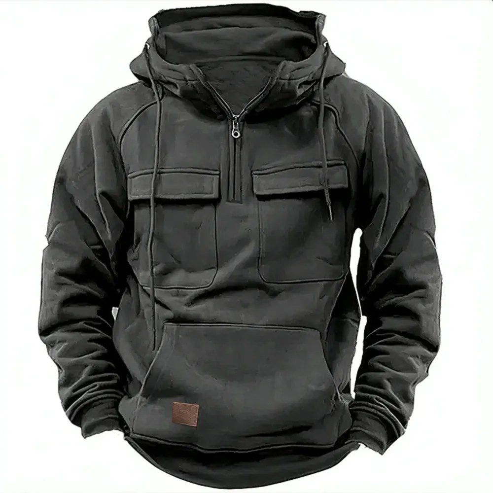 Hooded Solid Hoodie with Multiple Pockets Men Sweatshirts