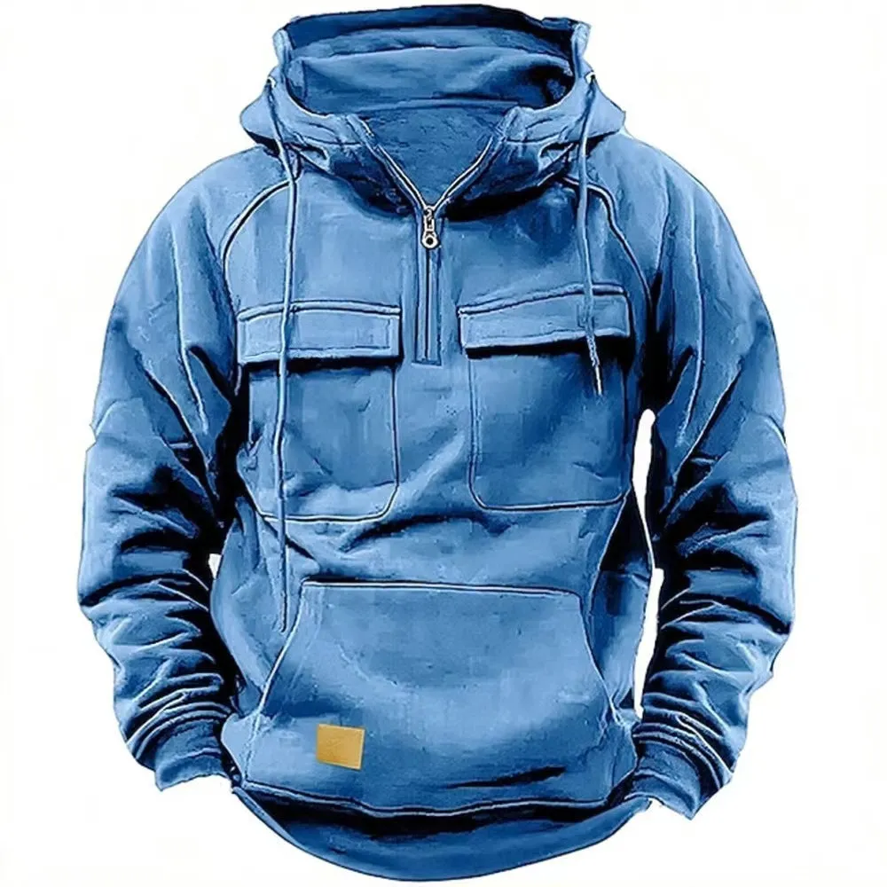 Hooded Solid Hoodie with Multiple Pockets Men Sweatshirts