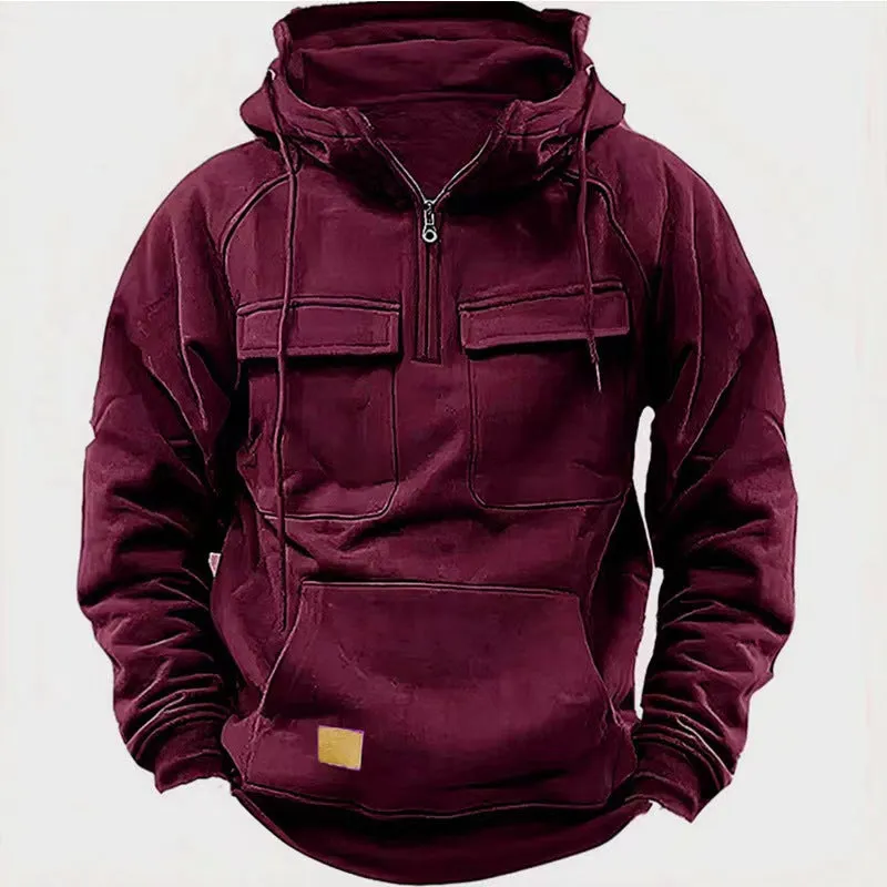 Hooded Solid Hoodie with Multiple Pockets Men Sweatshirts