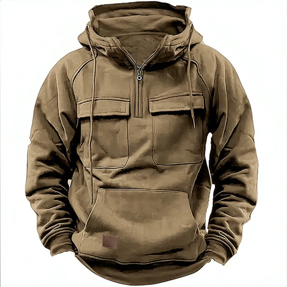 Hooded Solid Hoodie with Multiple Pockets Men Sweatshirts