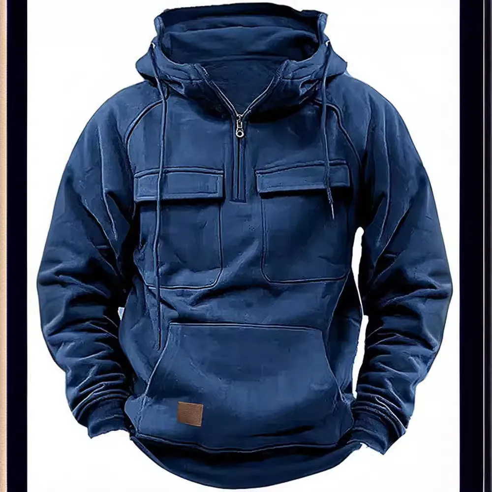 Hooded Solid Hoodie with Multiple Pockets Men Sweatshirts