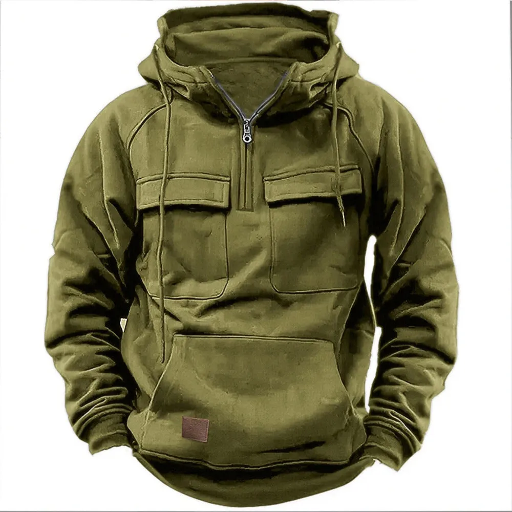 Hooded Solid Hoodie with Multiple Pockets Men Sweatshirts