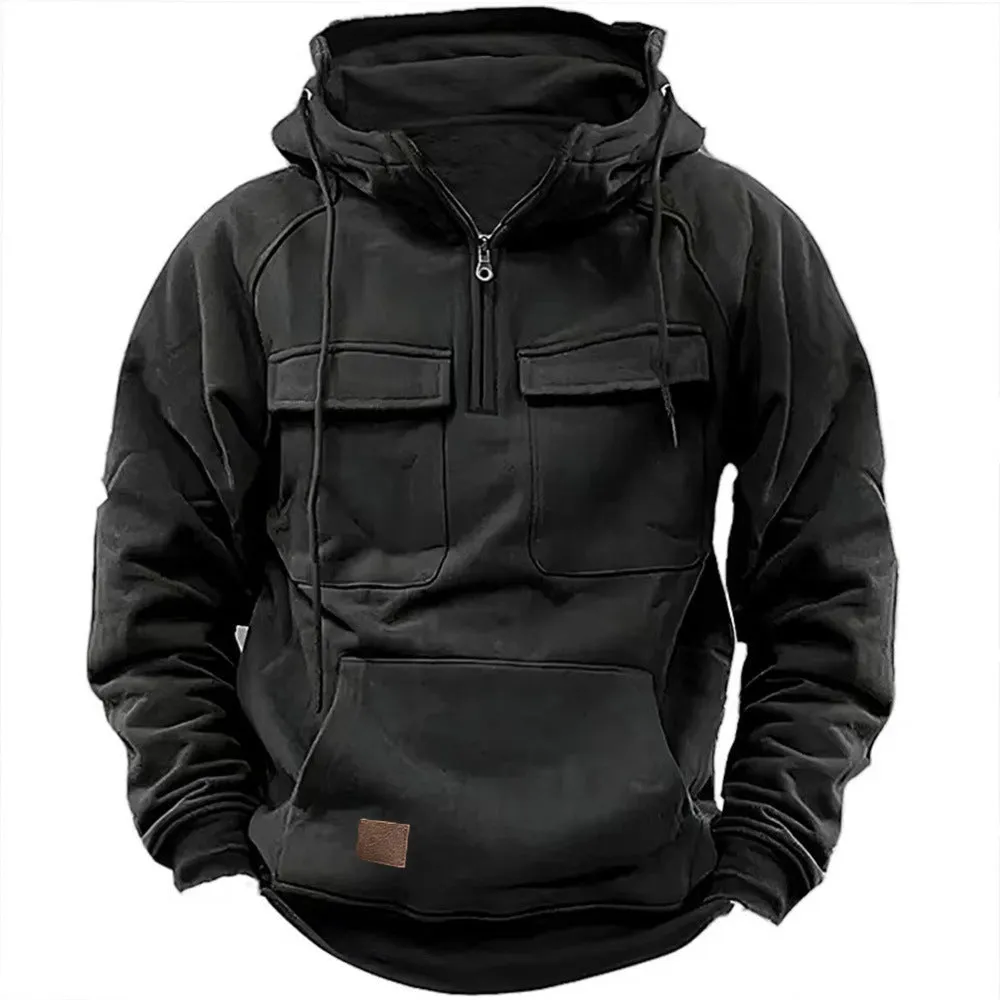 Hooded Solid Hoodie with Multiple Pockets Men Sweatshirts