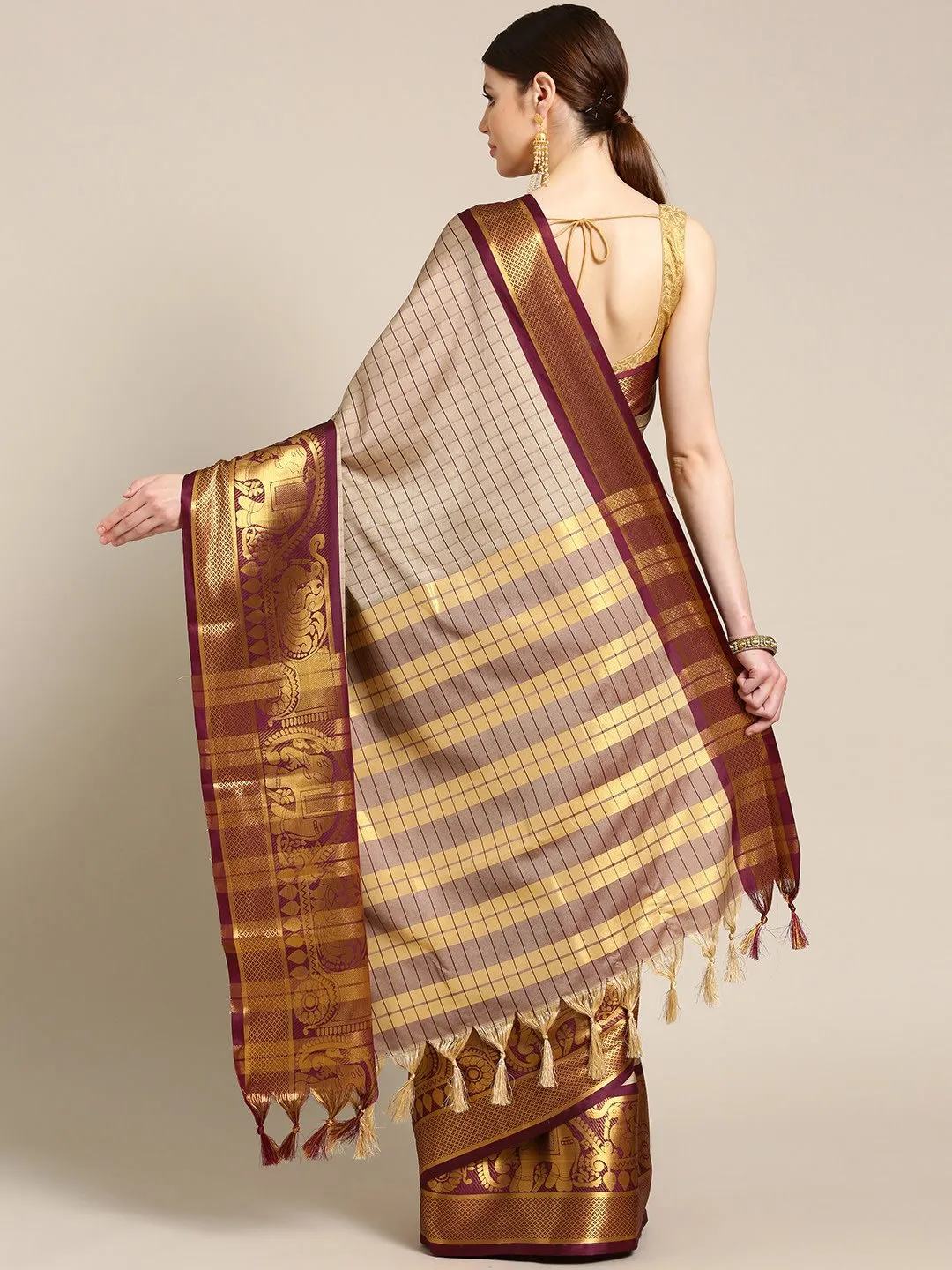 Ishin Poly Silk Beige Woven Women's Saree