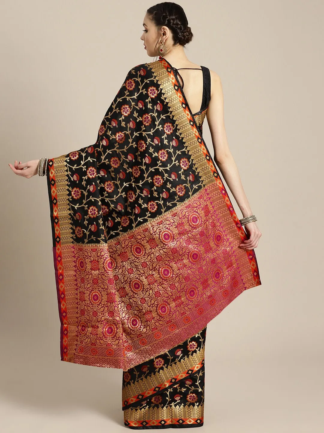 Ishin Poly Silk Black Woven Women's Saree