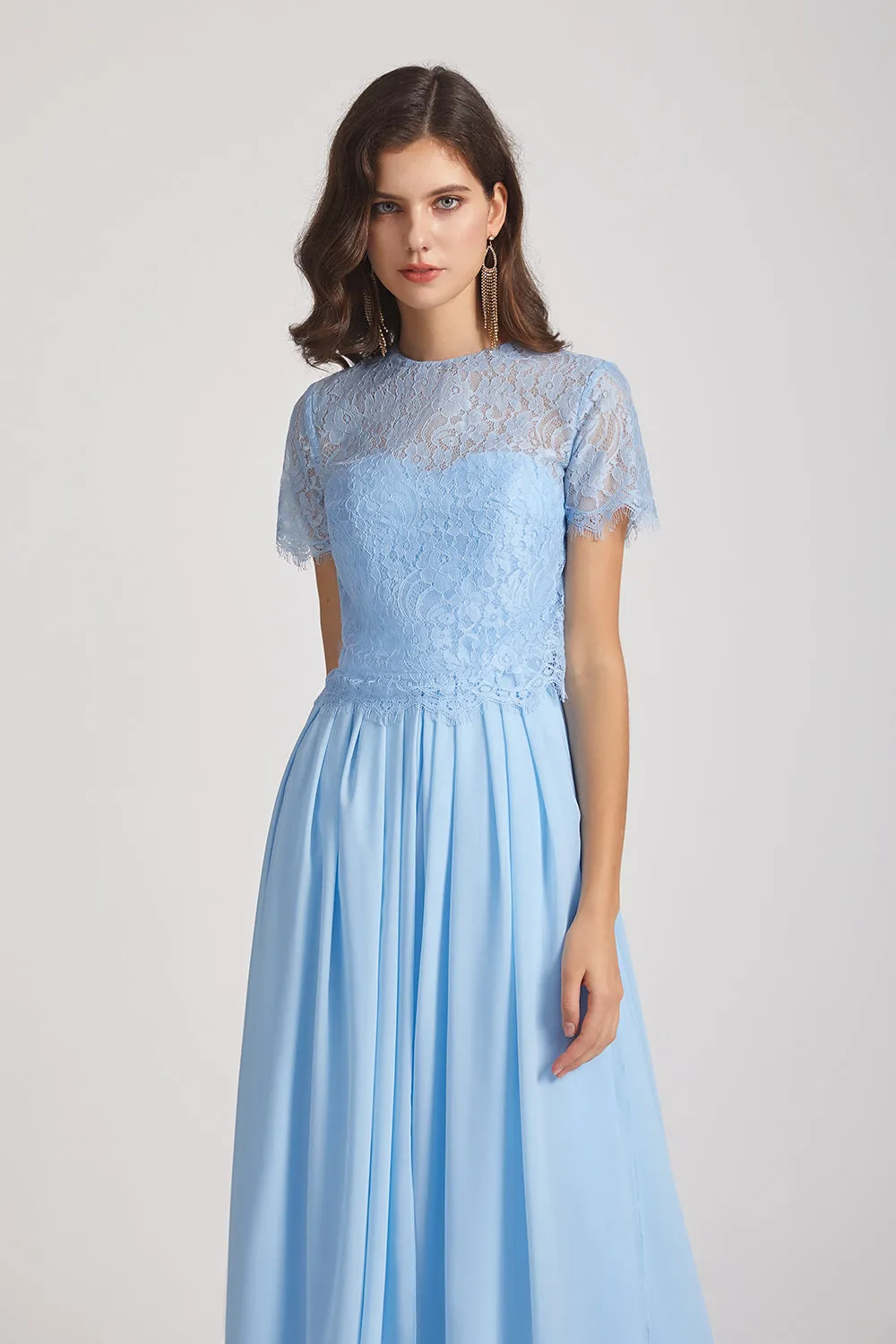 Jewel Short Sleeves Chiffon Lace Bridesmaid Dresses (AF0099)