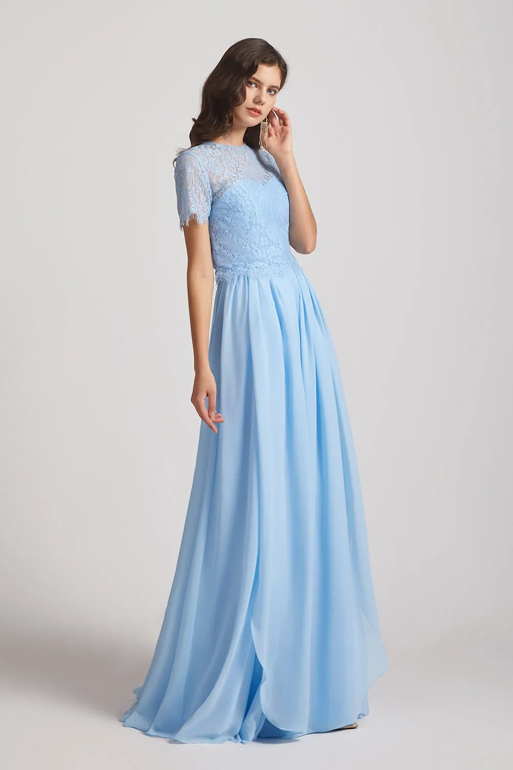 Jewel Short Sleeves Chiffon Lace Bridesmaid Dresses (AF0099)