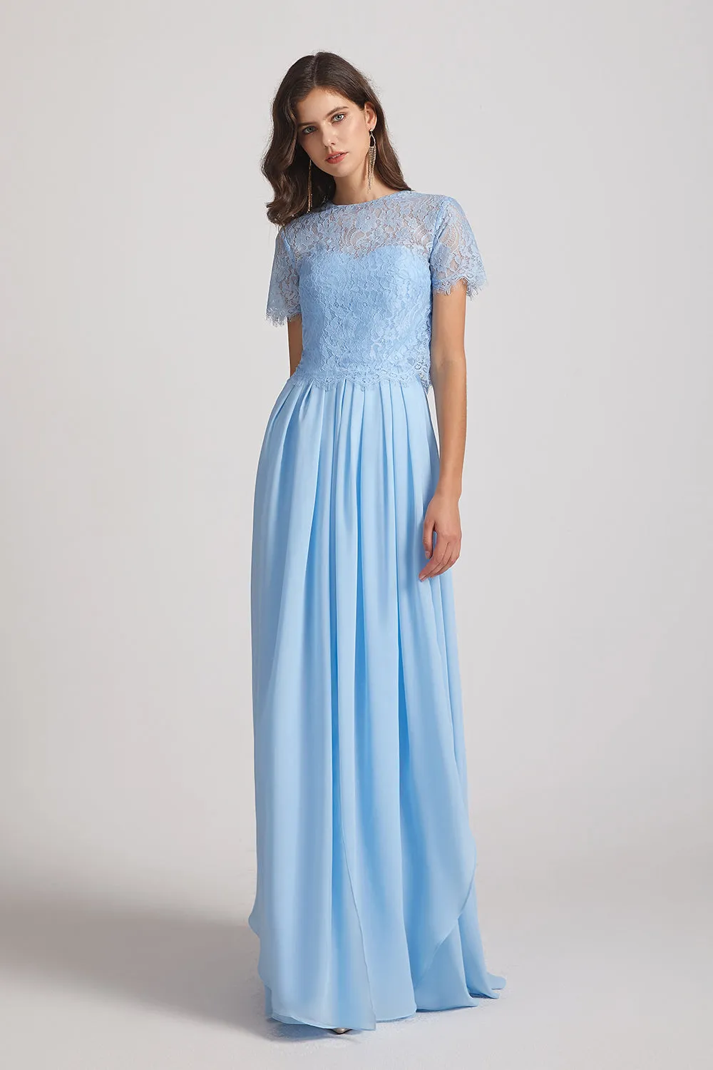 Jewel Short Sleeves Chiffon Lace Bridesmaid Dresses (AF0099)