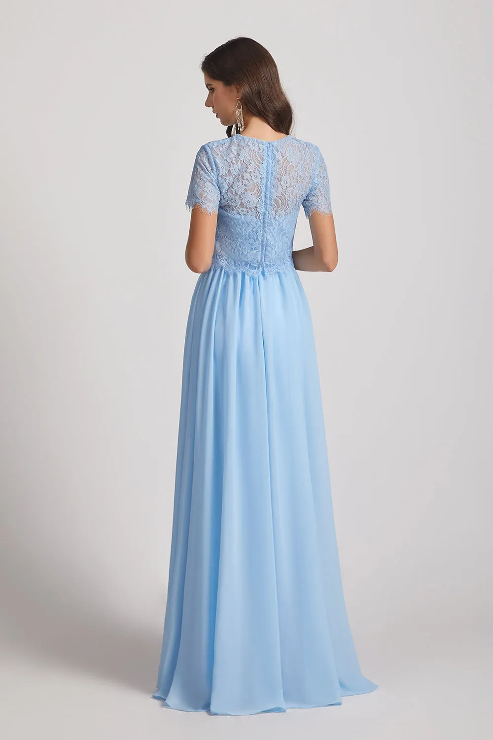 Jewel Short Sleeves Chiffon Lace Bridesmaid Dresses (AF0099)