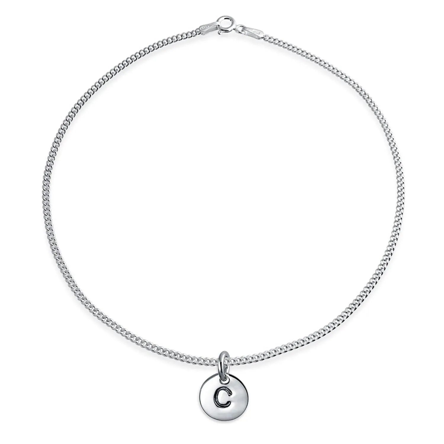 Letter Block Alphabet Initial Circle Disc Anklet .925 Sterling Silver