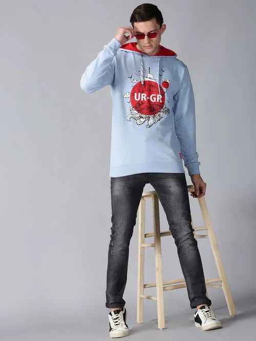 Men Light Blue Printed Hooded Sweatshirt