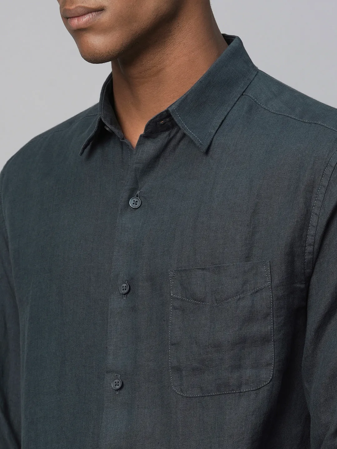 Men's 100% Linen Navy Regular Fit Long Sleeved Shirt