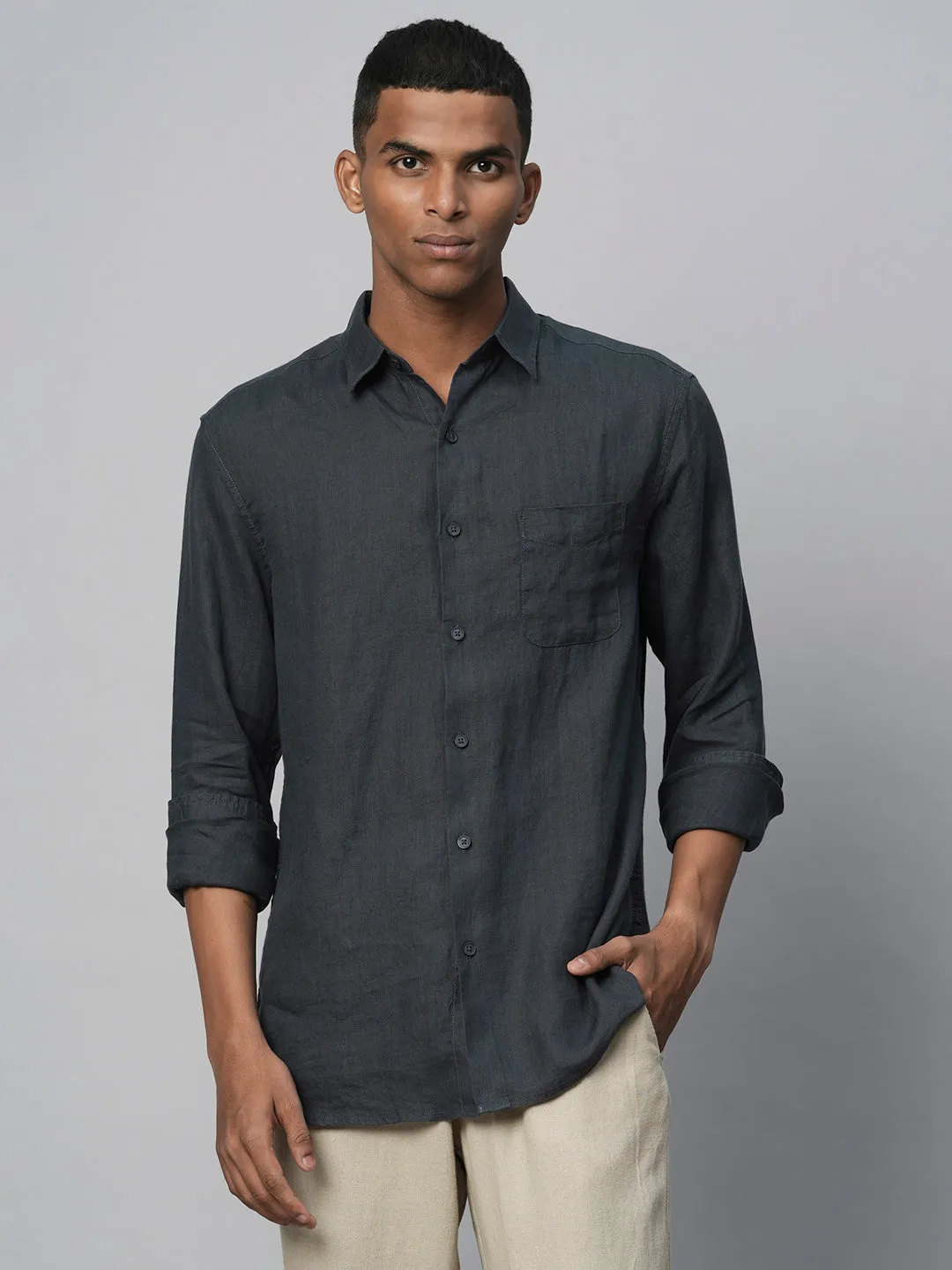 Men's 100% Linen Navy Regular Fit Long Sleeved Shirt