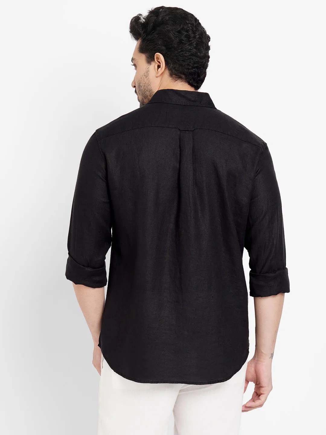 Men's Black 100% Linen Regular Fit Long Sleeved Shirt