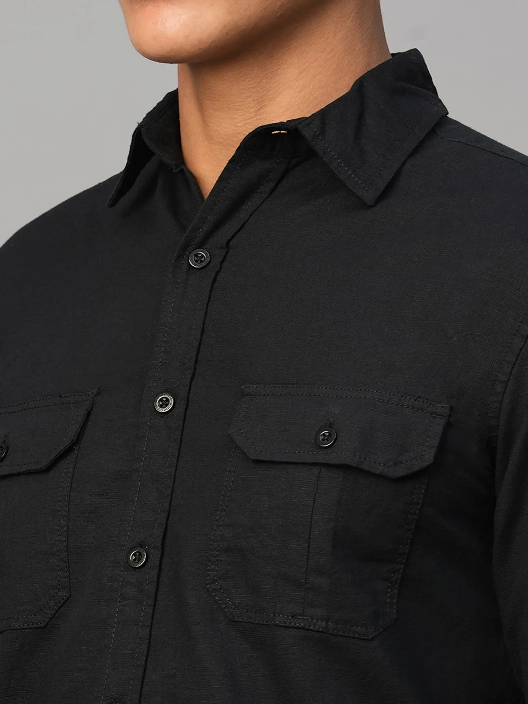 Men's Black Cotton Linen Regular Fit Shirt