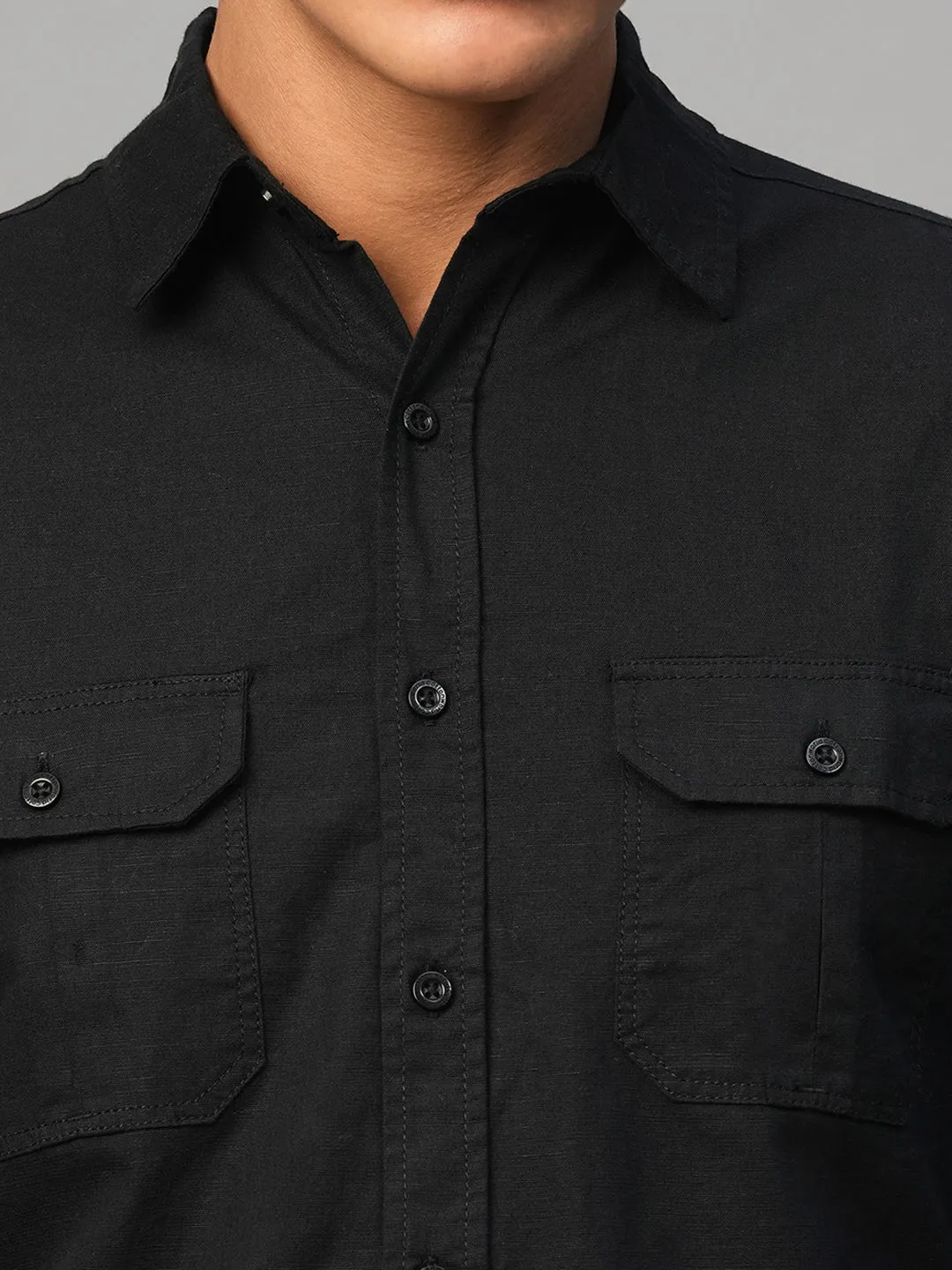 Men's Black Cotton Linen Regular Fit Shirt