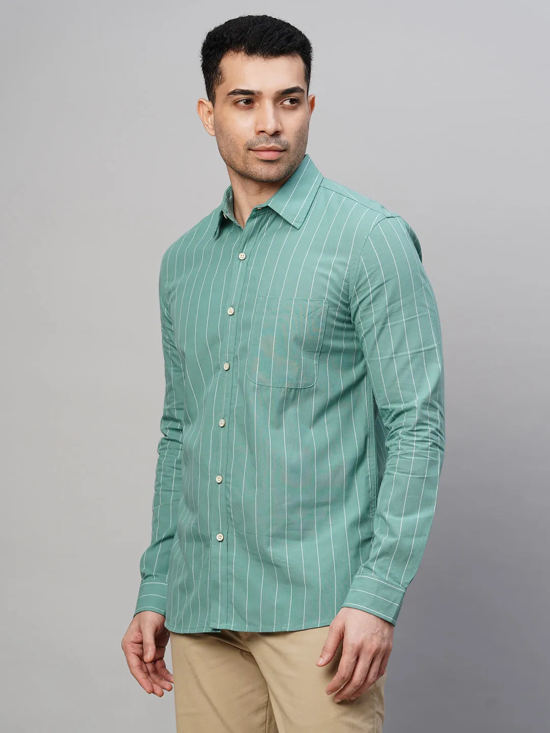 Men's Blue Cotton Regular Fit Striped Shirt