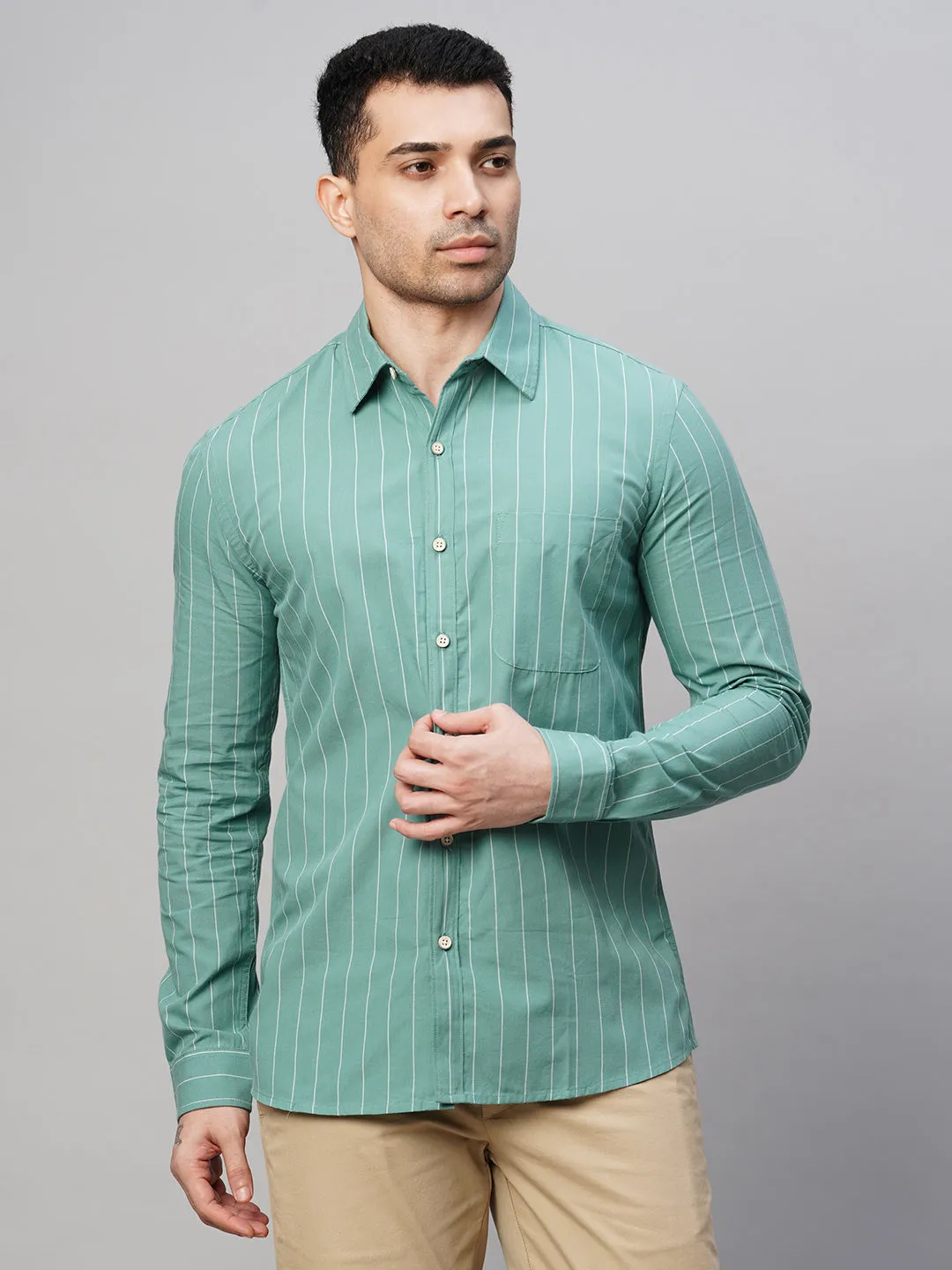 Men's Blue Cotton Regular Fit Striped Shirt