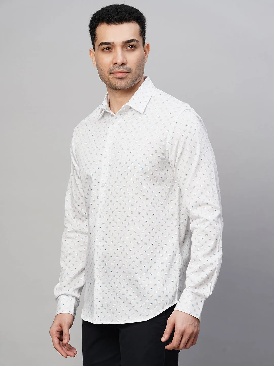 Men's Blue Cotton Slim Fit Printed Shirt