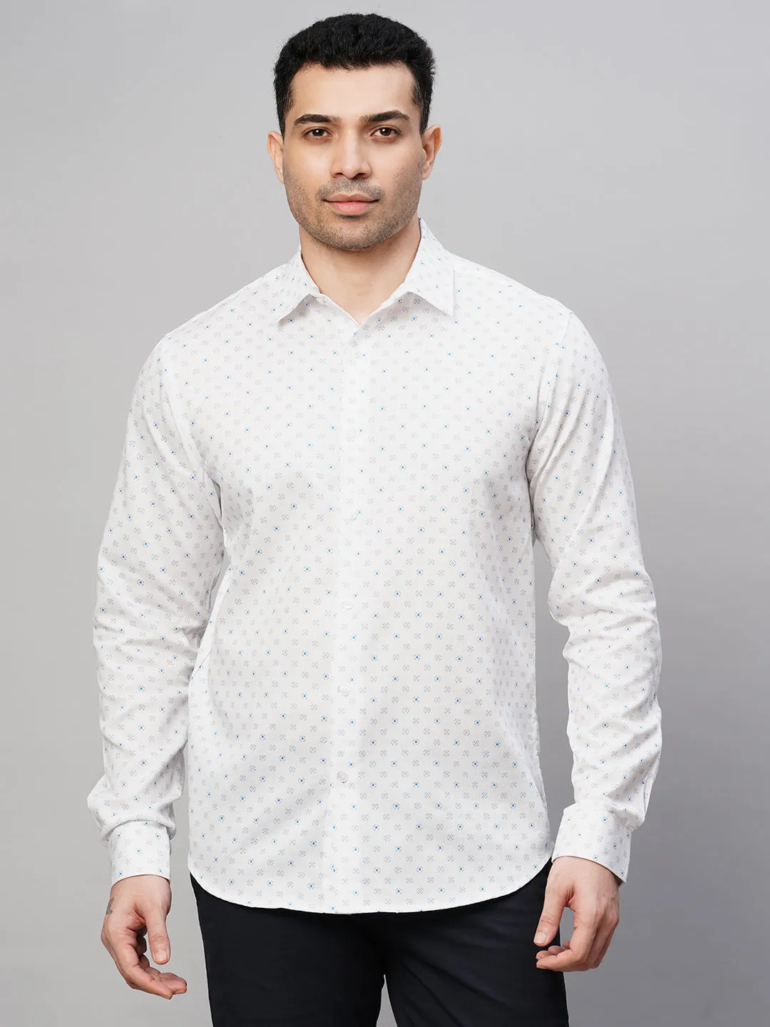 Men's Blue Cotton Slim Fit Printed Shirt