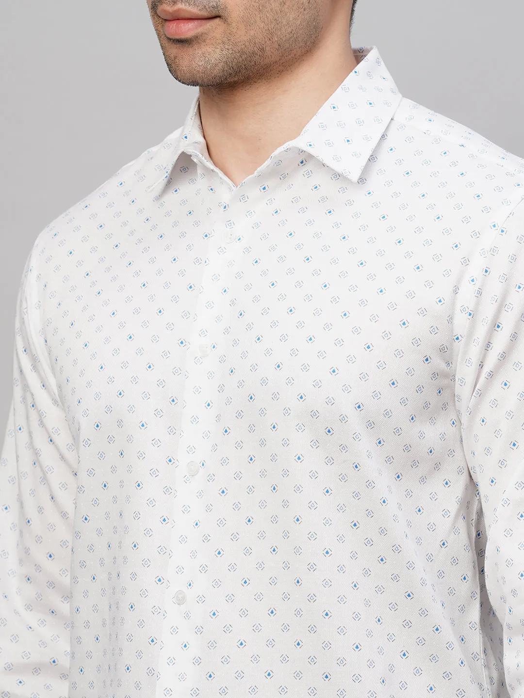 Men's Blue Cotton Slim Fit Printed Shirt