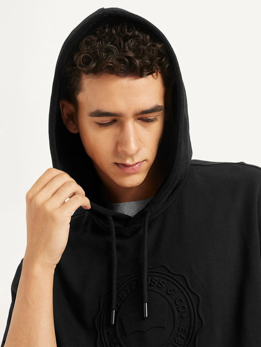 Men's Brand Logo Black Hooded Sweatshirt